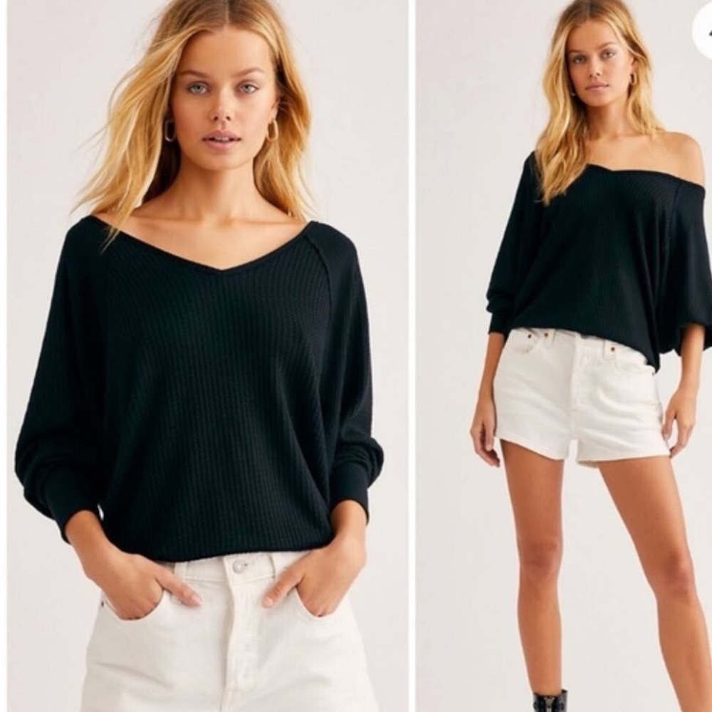 NWT Free People We The Size S Black Santa Clara Thermal Top Long Sleeve V Neck - Picture 1 of 8